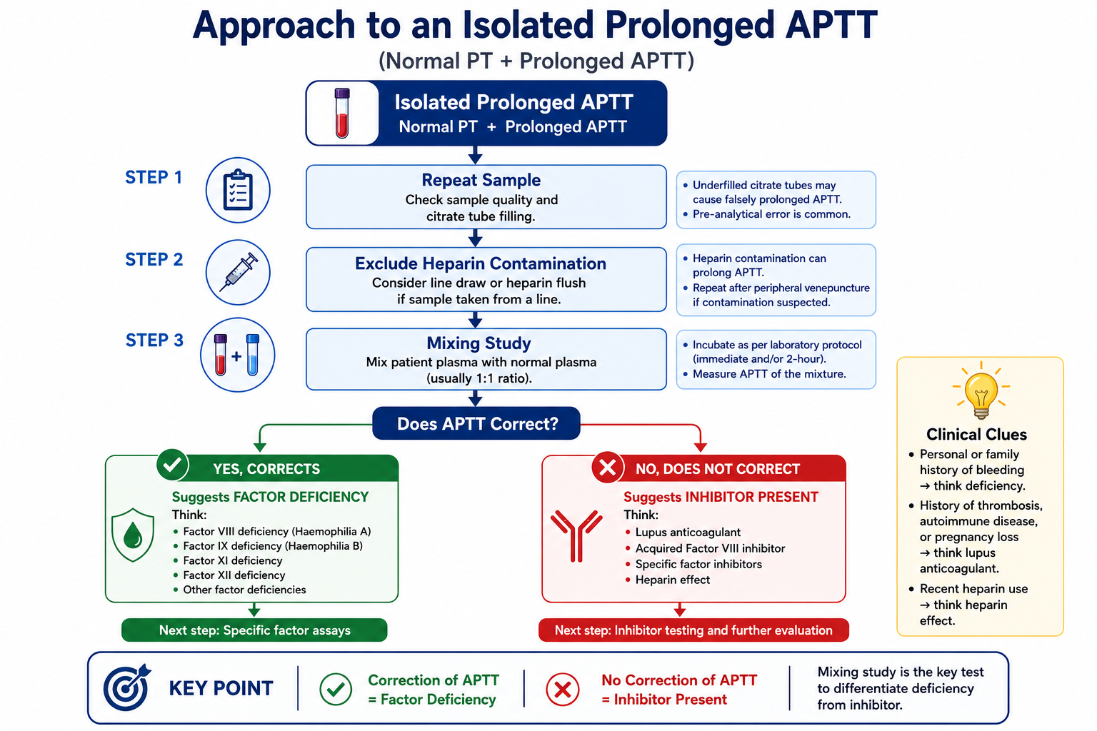 Flowchart showing approach to isolated prolonged APTT with repeat sample, exclude heparin contamination, mixing study, correction suggesting factor deficiency and no correction suggesting inhibitor
