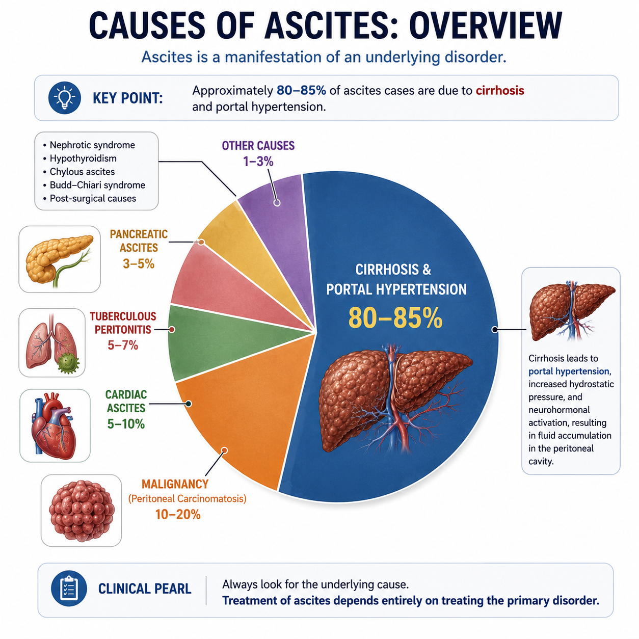 Pie chart showing the distribution of causes of ascites including cirrhosis malignancy cardiac tuberculosis and pancreatic causes