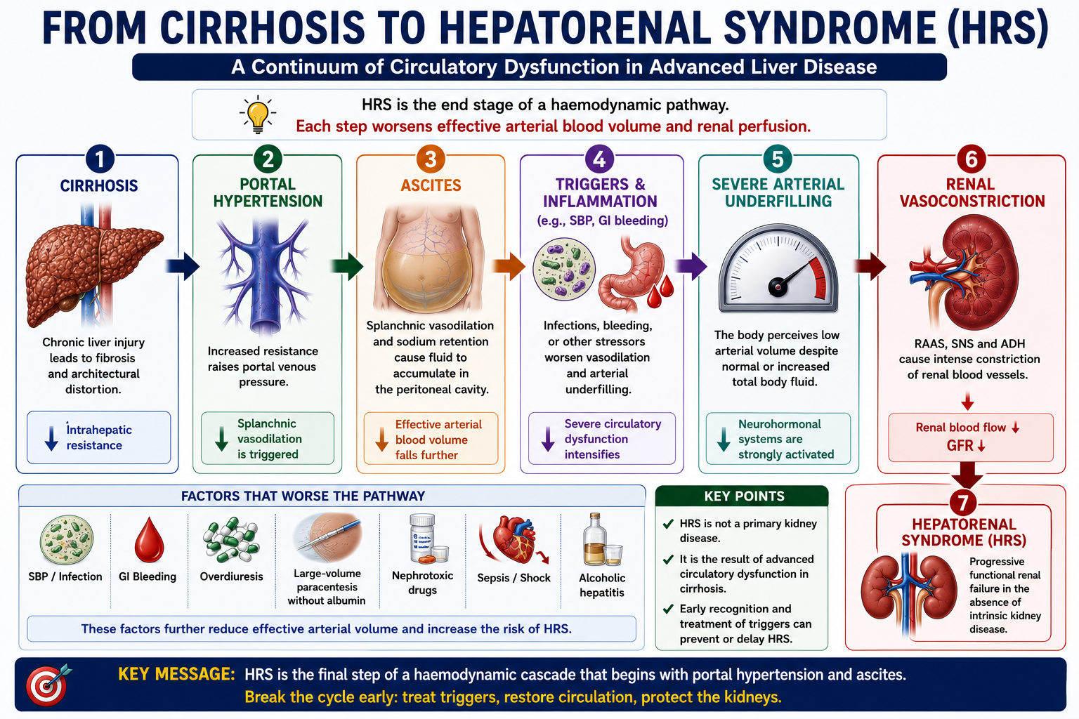 Pathway diagram showing cirrhosis leading to portal hypertension ascites SBP or sepsis worsening arterial underfilling renal vasoconstriction and HRS