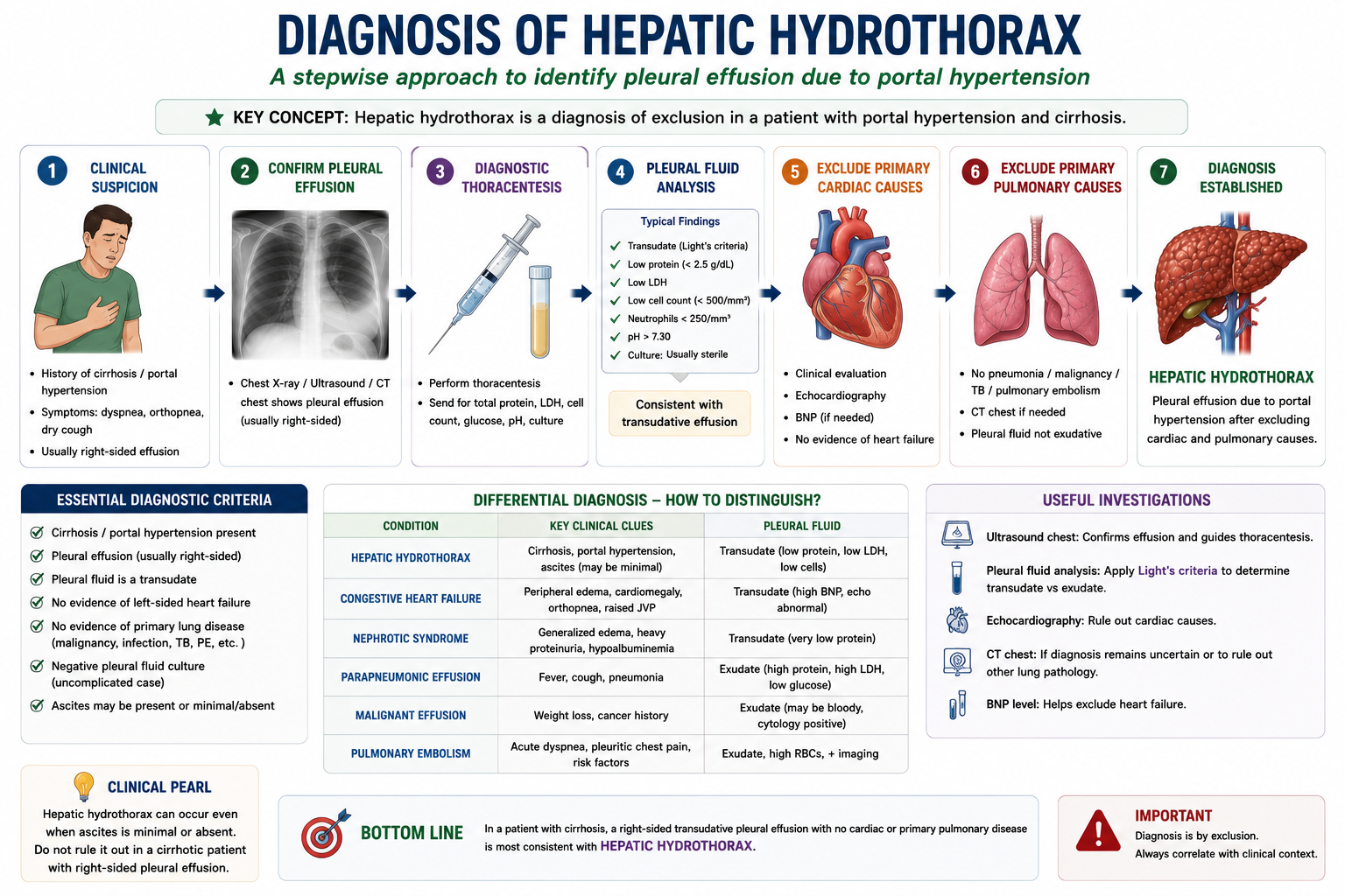 Diagnostic flowchart for hepatic hydrothorax showing cirrhosis plus pleural effusion leading to thoracentesis confirming transudative fluid followed by exclusion of cardiac causes confirming the diagnosis