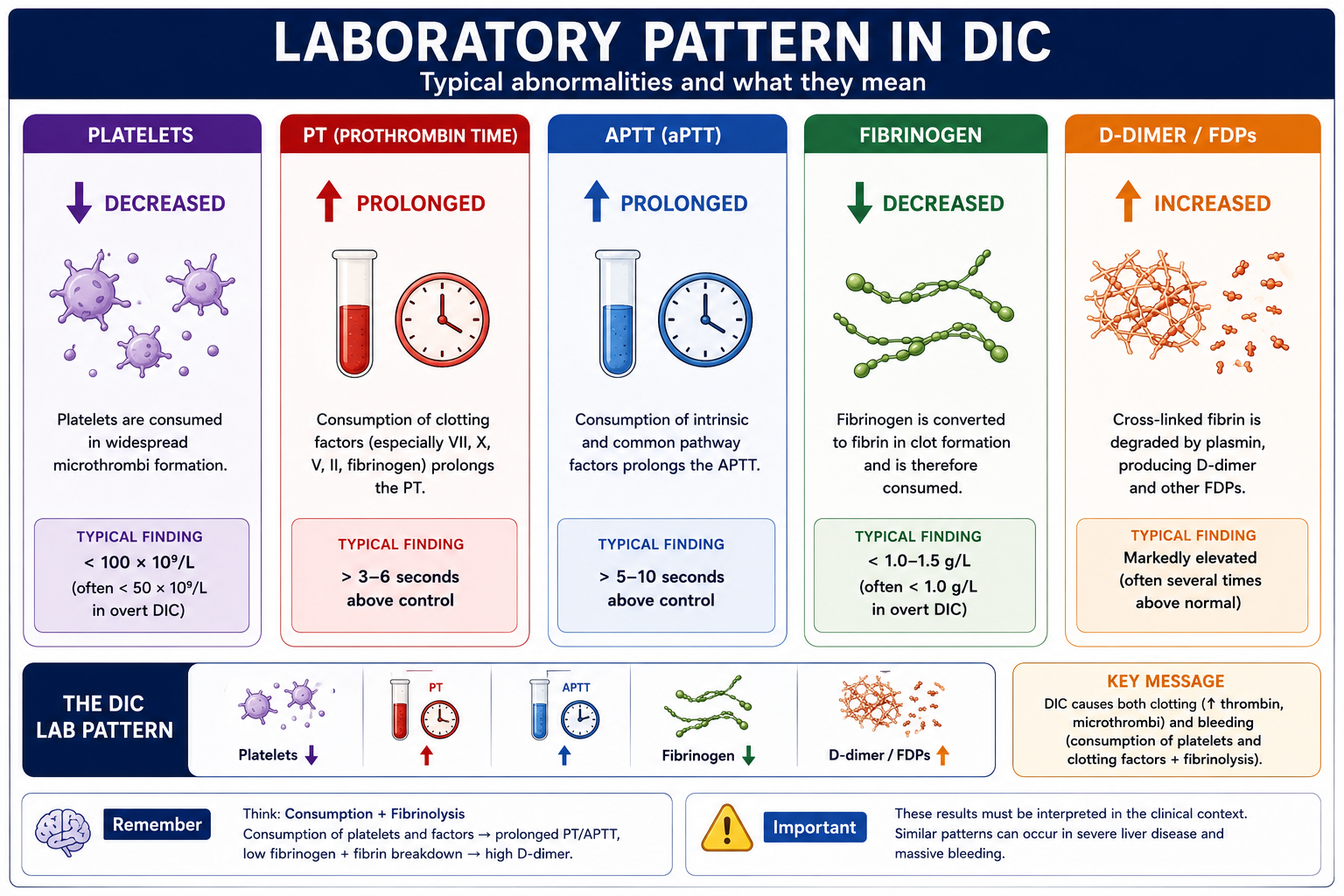 Infographic showing the typical laboratory abnormalities in DIC including low platelets, prolonged PT and APTT, low fibrinogen, and elevated D-dimer