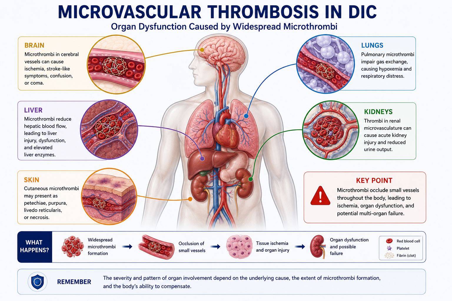 Diagram showing microvascular thrombosis in DIC affecting the kidneys, lungs, brain, liver, and skin