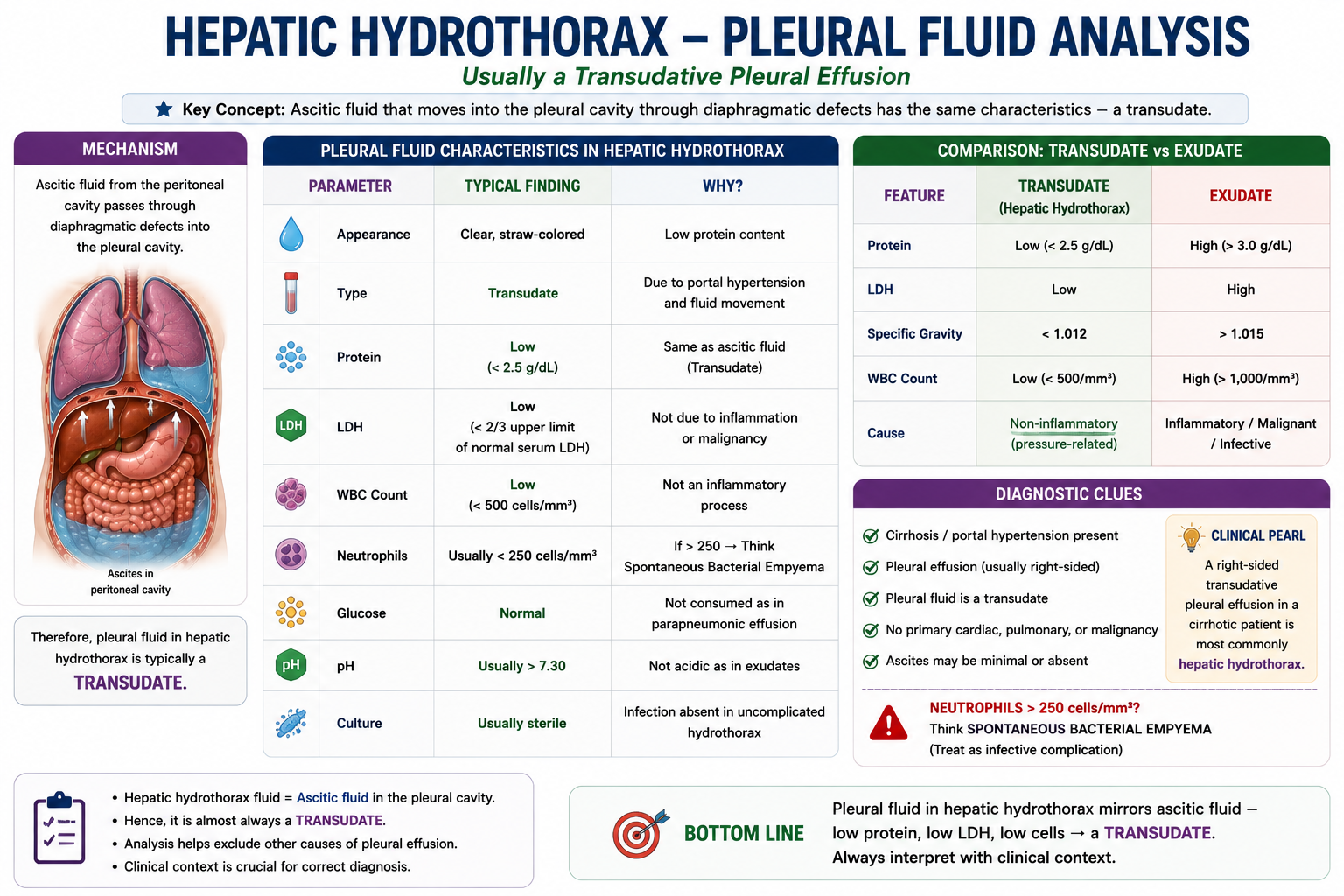 Pleural fluid analysis table for hepatic hydrothorax showing transudative pattern with clear appearance low protein low LDH and low white cell count consistent with ascitic fluid origin