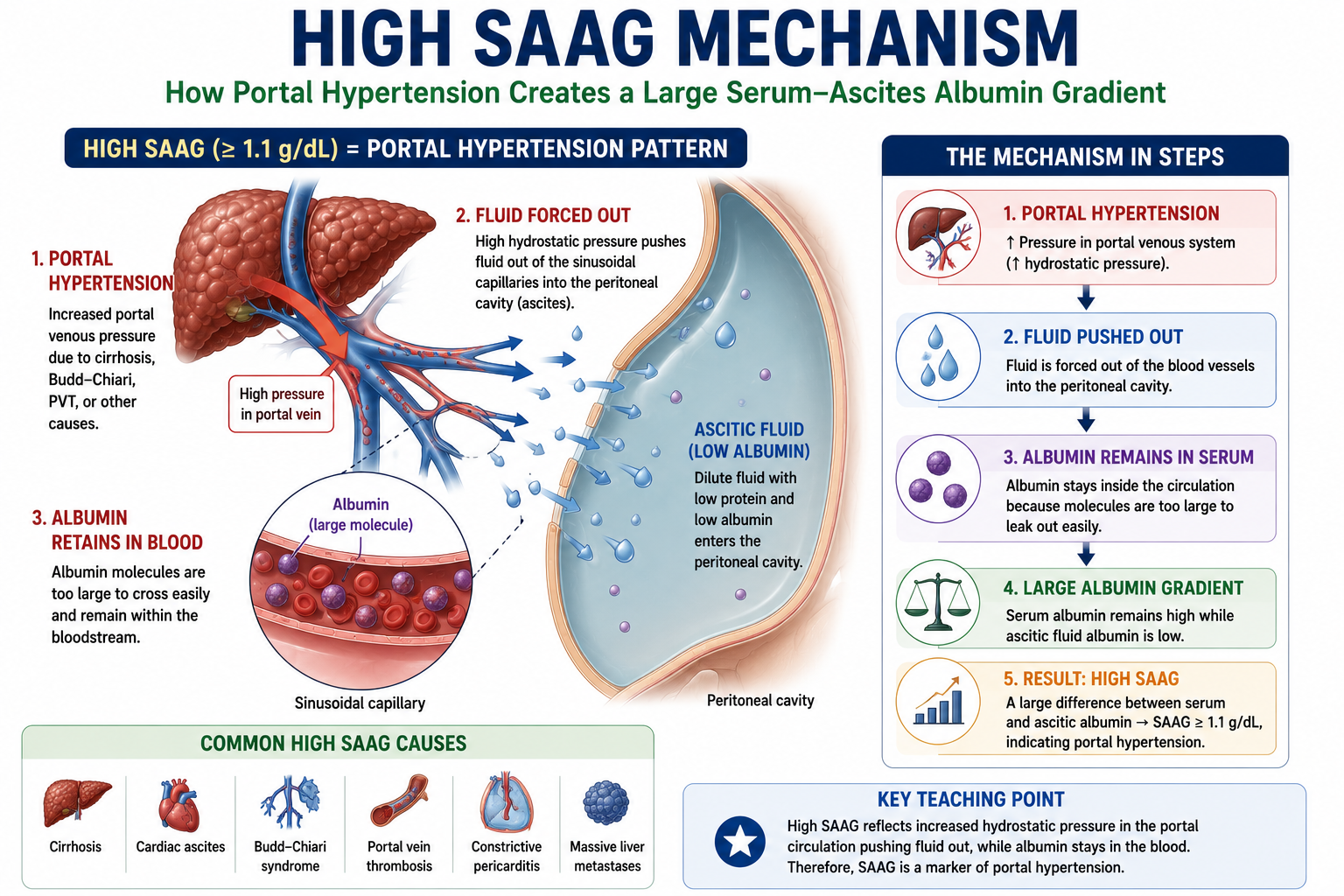 Diagram showing the mechanism of high SAAG in portal hypertension: hydrostatic pressure forces albumin-poor fluid into the peritoneal cavity creating a large serum-ascites albumin gradient