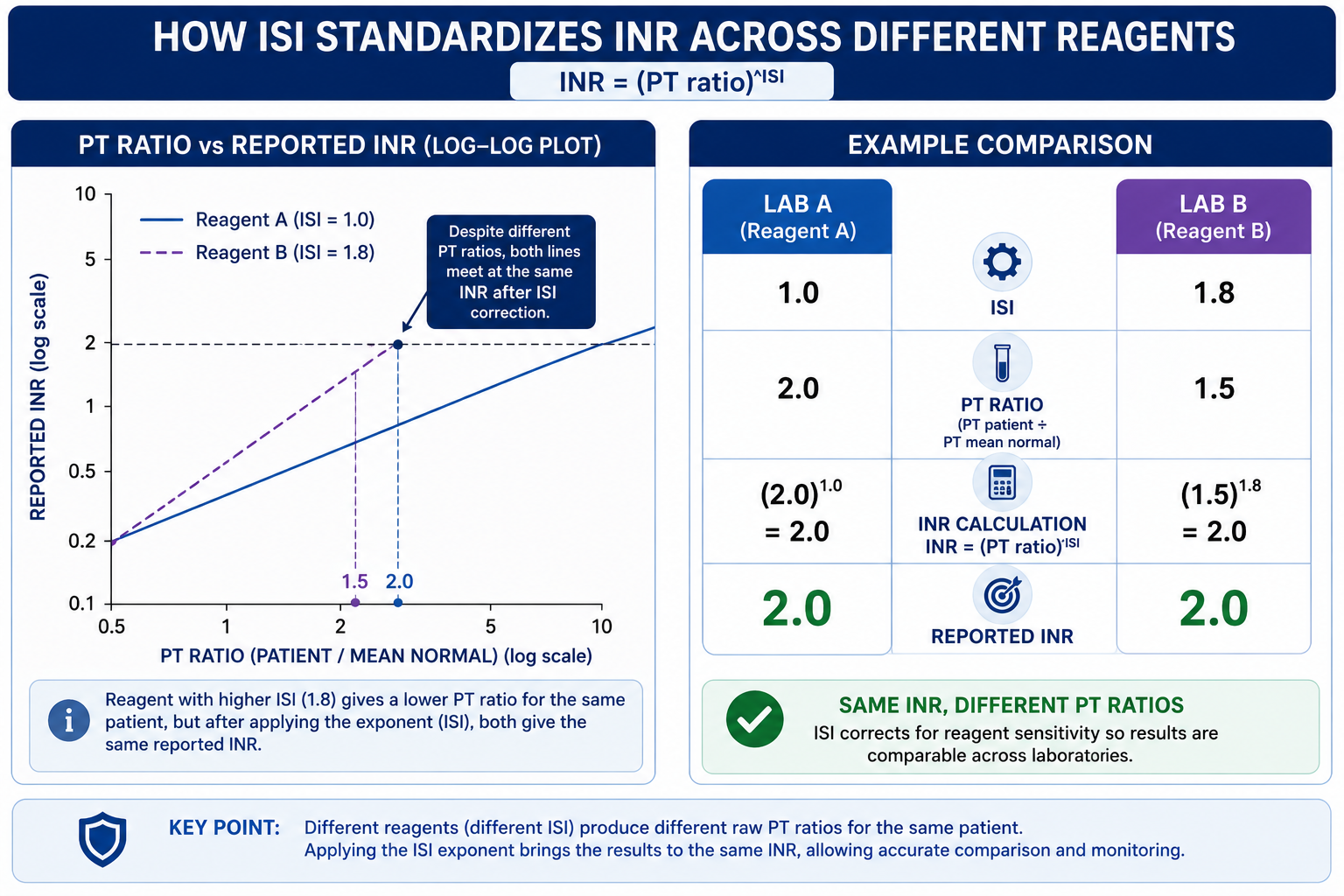 Graph showing how ISI affects the relationship between PT ratio and INR across different thromboplastin reagents