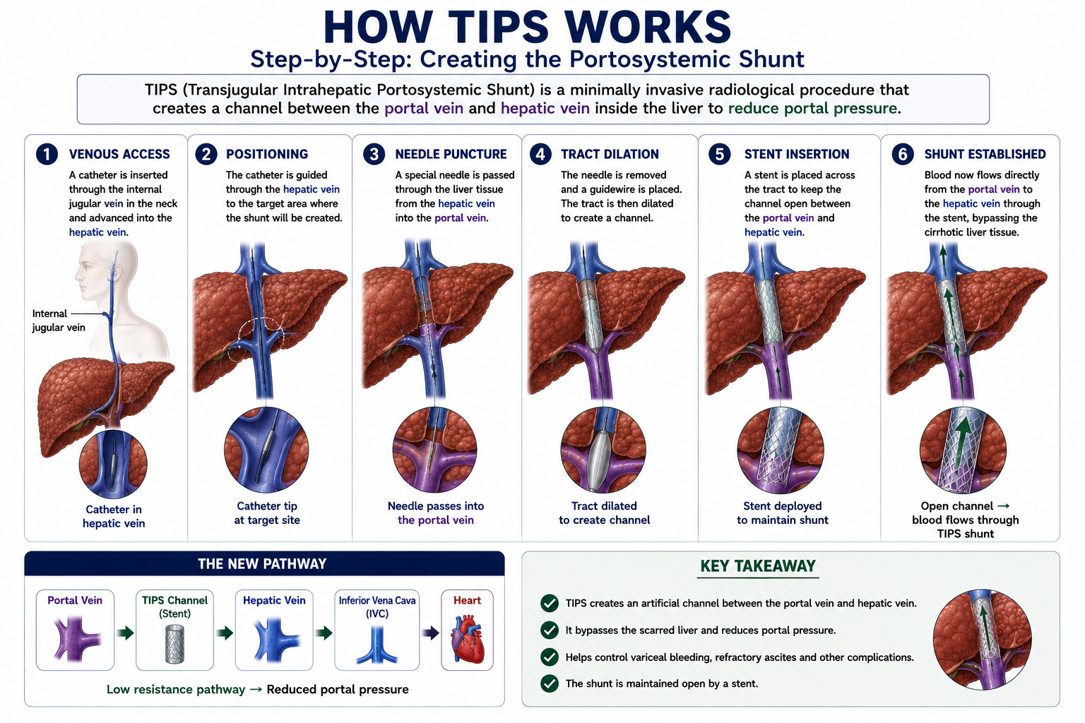Step-by-step diagram showing the TIPS procedure: catheter enters via internal jugular vein reaches the hepatic vein a needle passes into the portal vein and a stent is deployed creating a direct portal-to-hepatic-vein channel