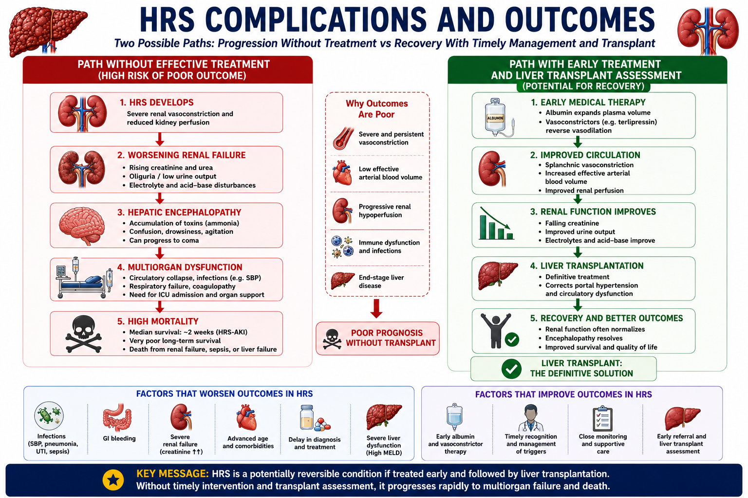 Diagram showing HRS outcomes including renal failure encephalopathy ICU admission death and recovery pathway with albumin terlipressin and liver transplantation