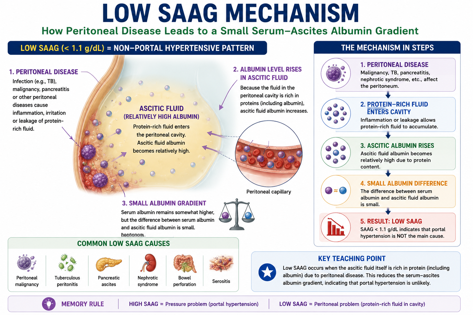 Diagram showing the mechanism of low SAAG in peritoneal disease where protein-rich fluid accumulates reducing the serum-ascites albumin difference