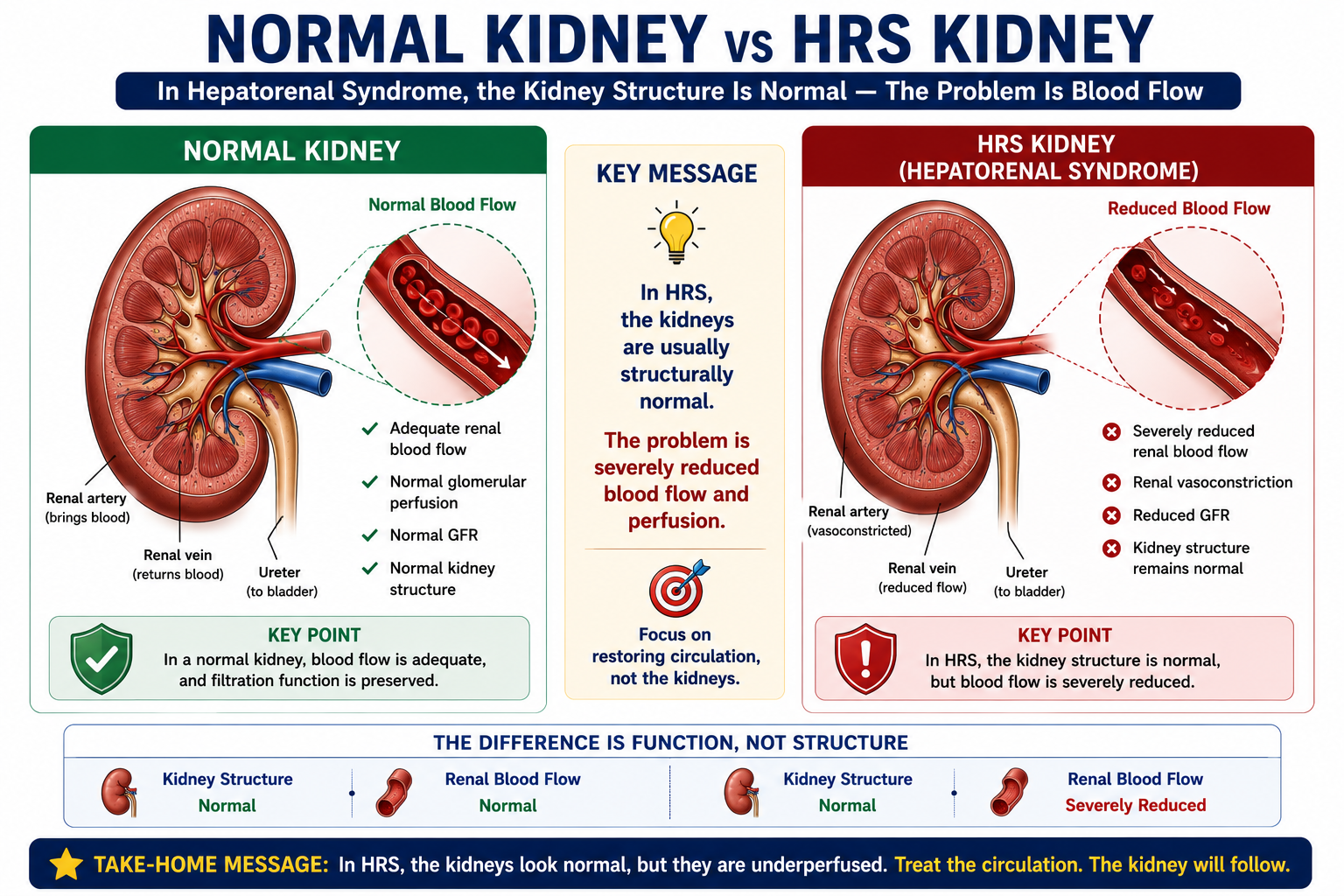 Side-by-side diagram comparing a normal kidney with normal structure and perfusion against an HRS kidney with normal structure but severely reduced blood flow