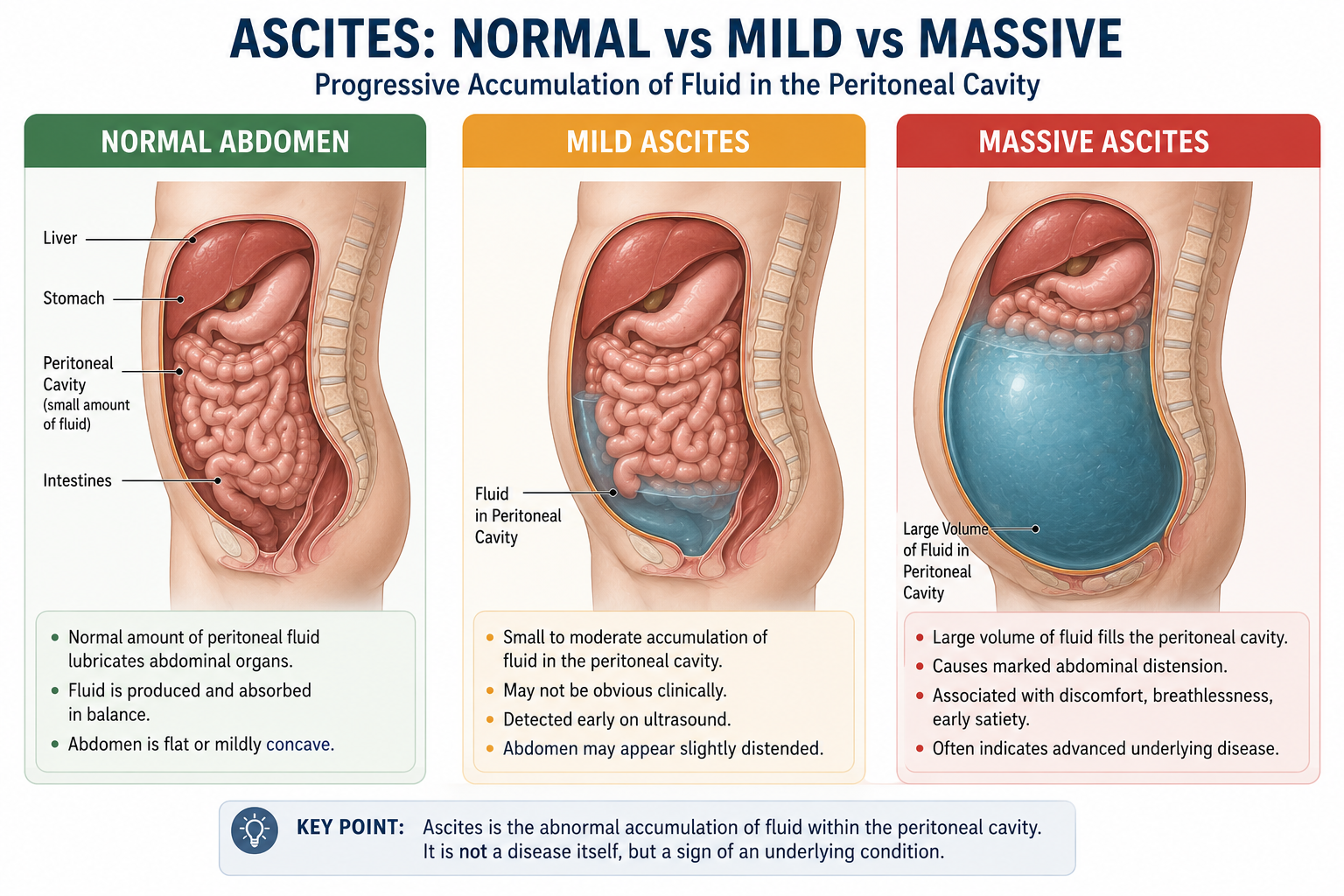 Diagram comparing normal peritoneal cavity with mild ascites and massive ascites showing increasing abdominal distension