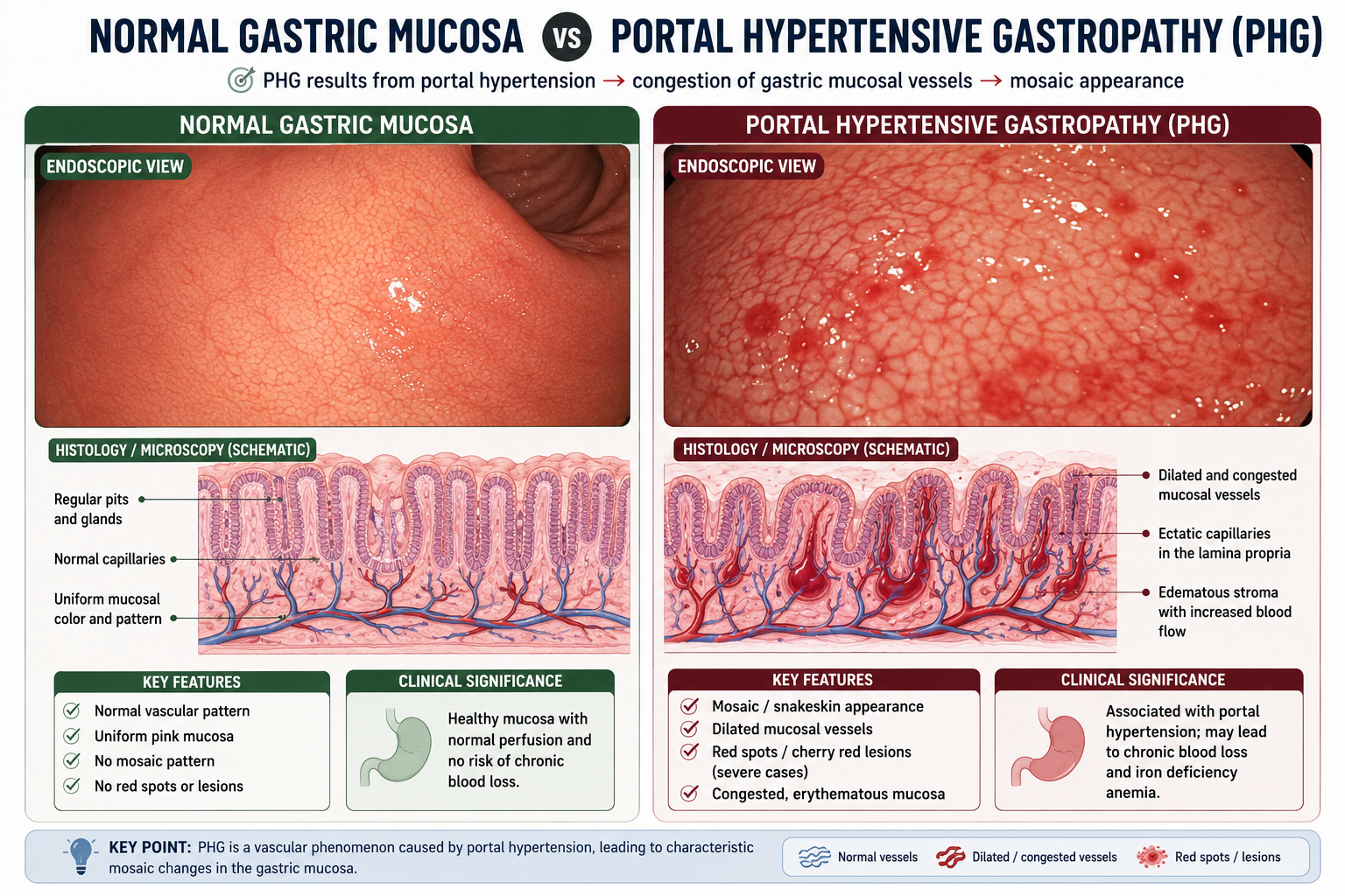 Comparison diagram showing normal gastric mucosa with uniform appearance versus portal hypertensive gastropathy with dilated mucosal vessels mosaic pattern and vascular congestion