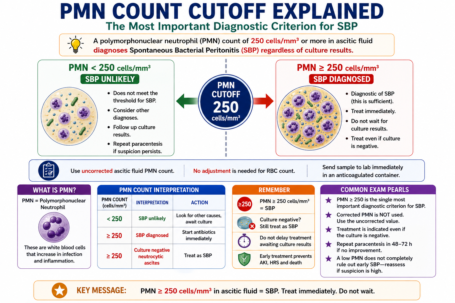 Infographic showing the PMN 250 cells per mm3 cutoff for diagnosing SBP with below 250 no SBP and 250 or above SBP diagnosed