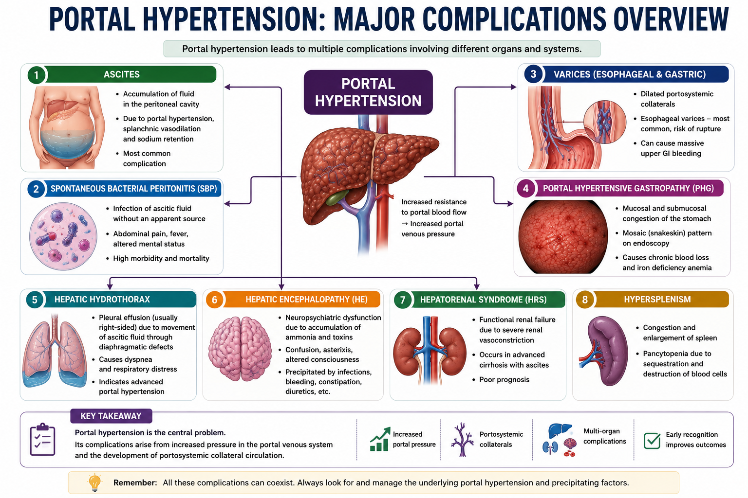 Overview diagram showing portal hypertension producing multiple complications including ascites hepatic hydrothorax varices PHG hepatic encephalopathy and hepatorenal syndrome