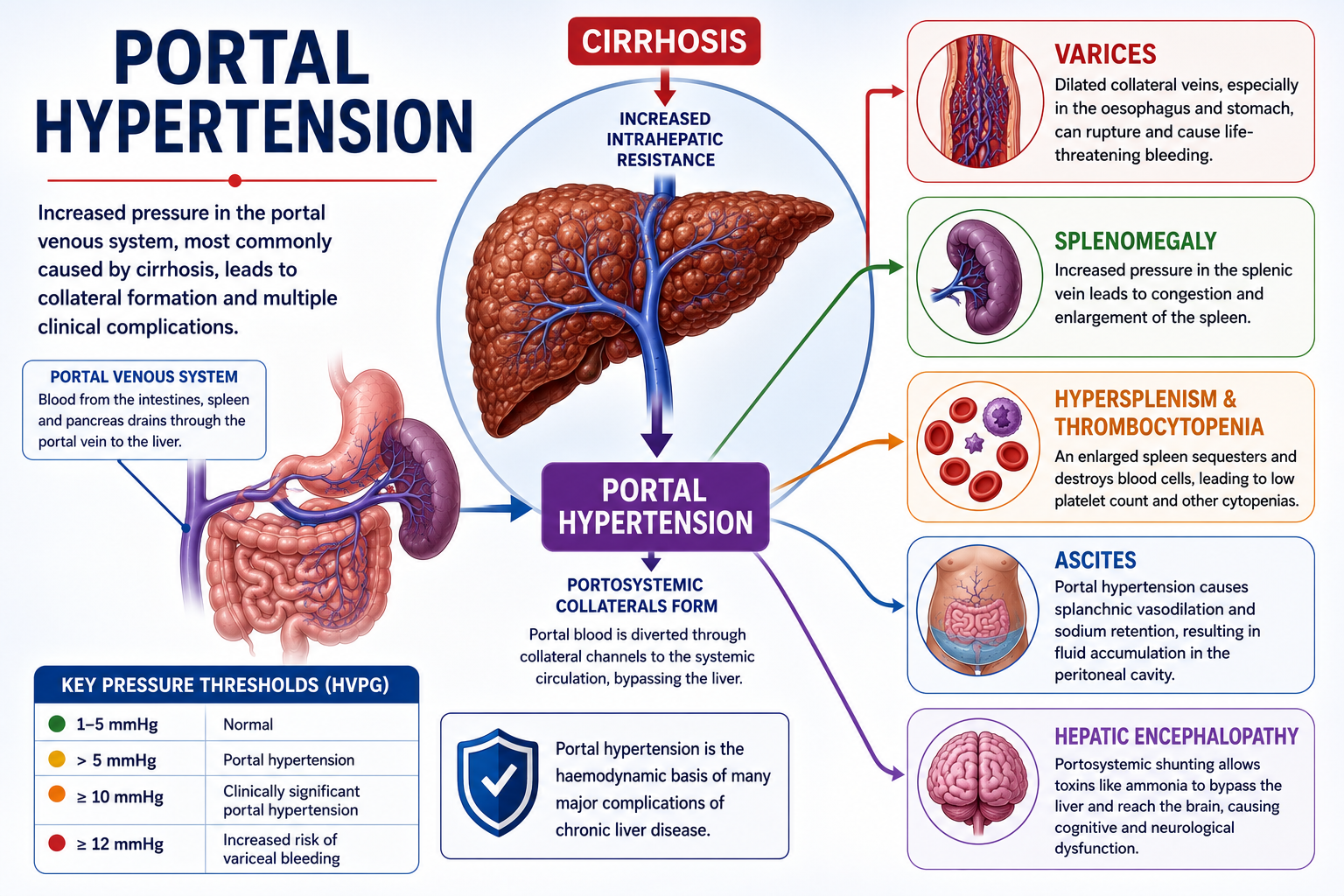 One-minute revision summary of portal hypertension showing how cirrhosis leads to increased portal resistance collateral formation varices splenomegaly ascites and encephalopathy