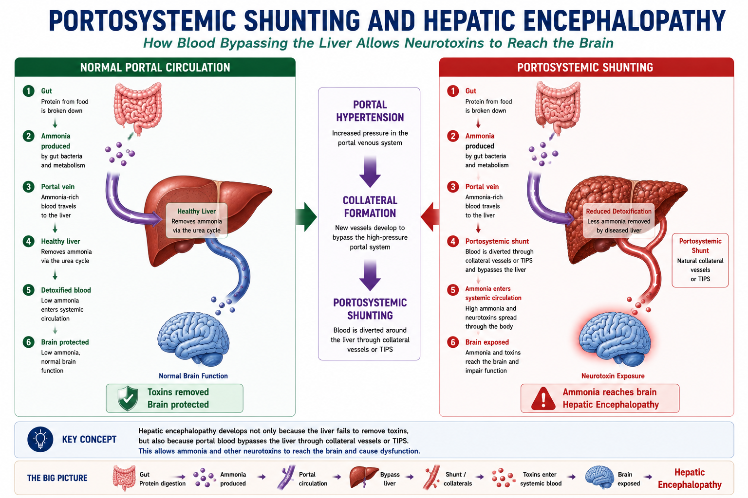 Diagram comparing normal portal circulation where the liver detoxifies ammonia against portosystemic shunting where portal blood bypasses the liver via collaterals or TIPS delivering undetoxified ammonia to the systemic circulation and brain