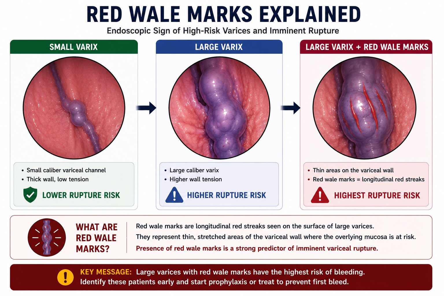 Infographic showing small varices large varices and large varices with red wale marks to explain increasing risk of first variceal bleeding