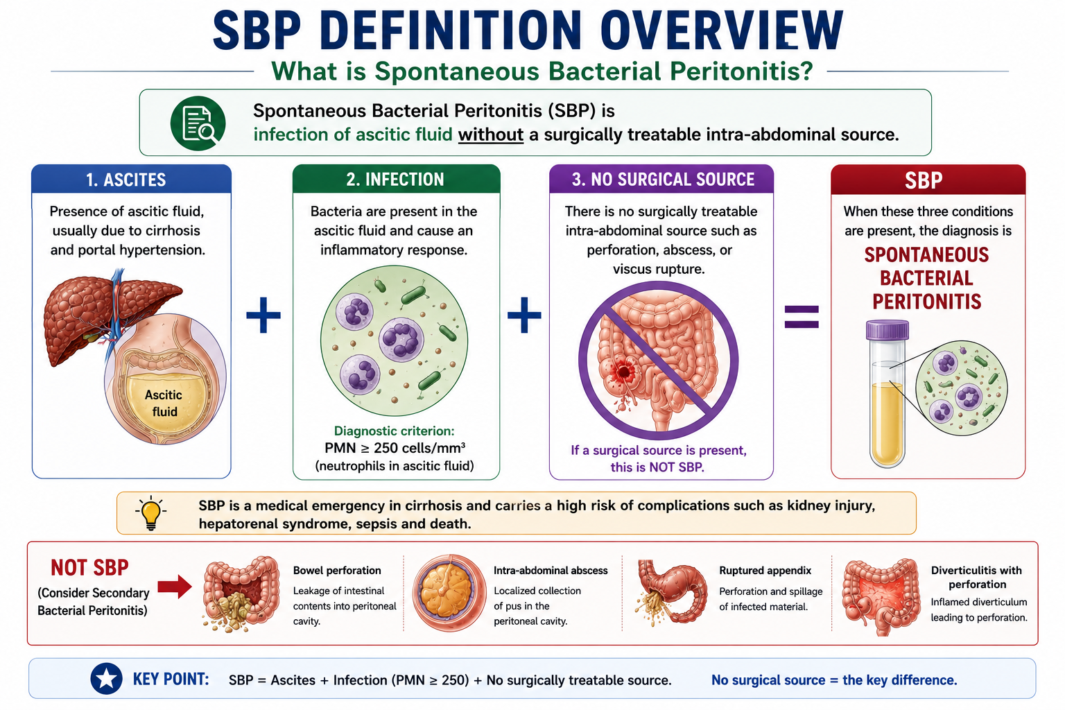 Diagram summarising SBP definition: ascites plus infection plus no surgical source equals SBP