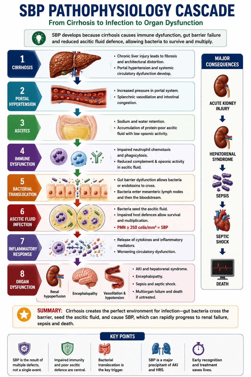 Cascade diagram showing cirrhosis leading to immune dysfunction bacterial translocation ascitic infection inflammation and renal dysfunction