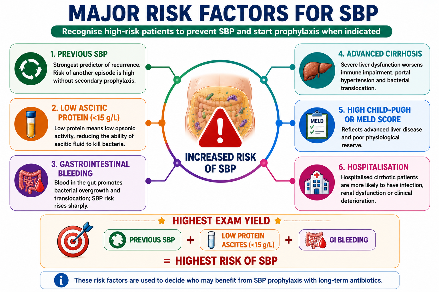 Infographic summarising major risk factors for spontaneous bacterial peritonitis including previous SBP low ascitic protein gastrointestinal bleeding advanced cirrhosis high MELD and hospitalisation