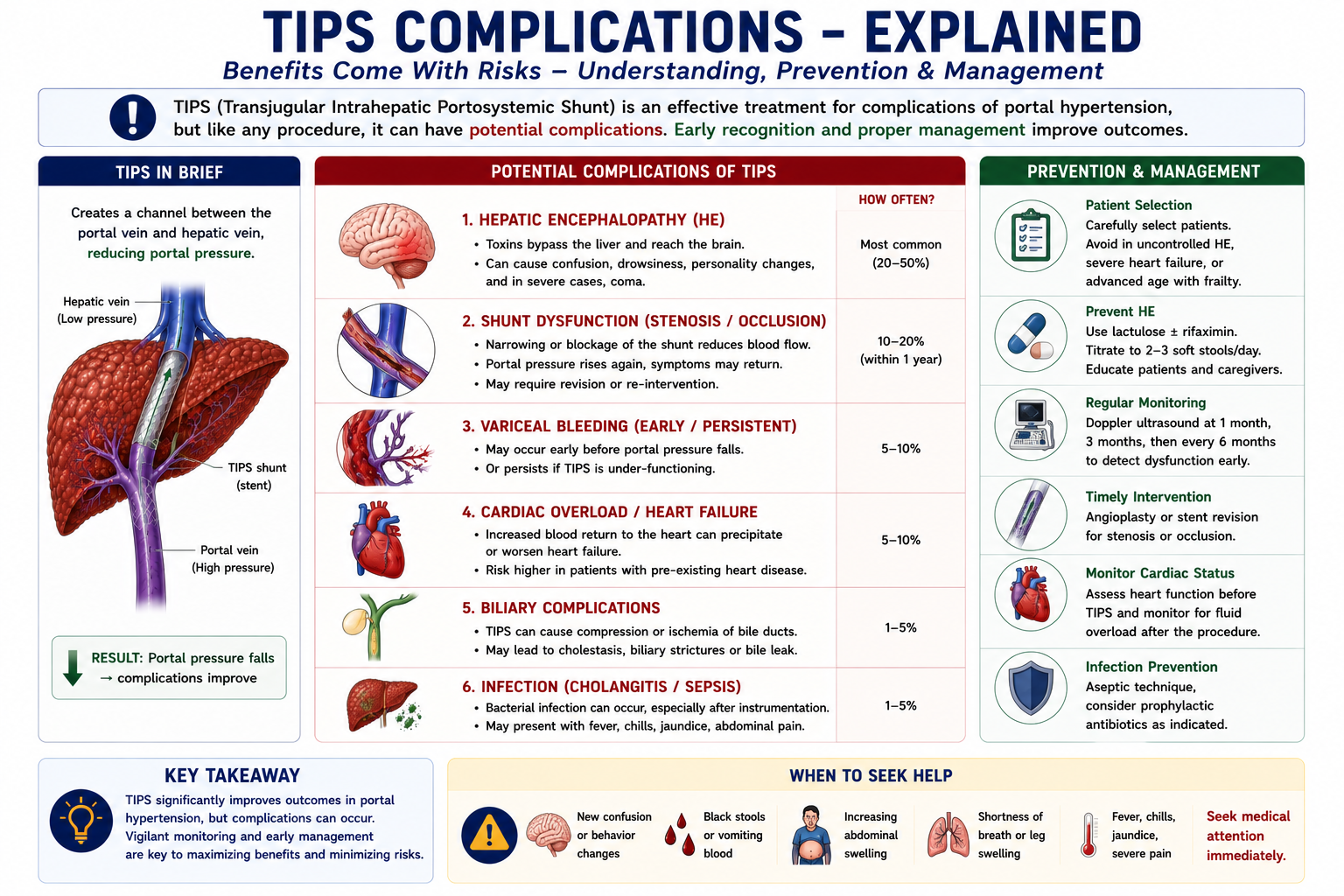 Summary diagram of TIPS complications including hepatic encephalopathy as the most common shunt stenosis and occlusion heart failure worsening and liver failure with their underlying mechanisms