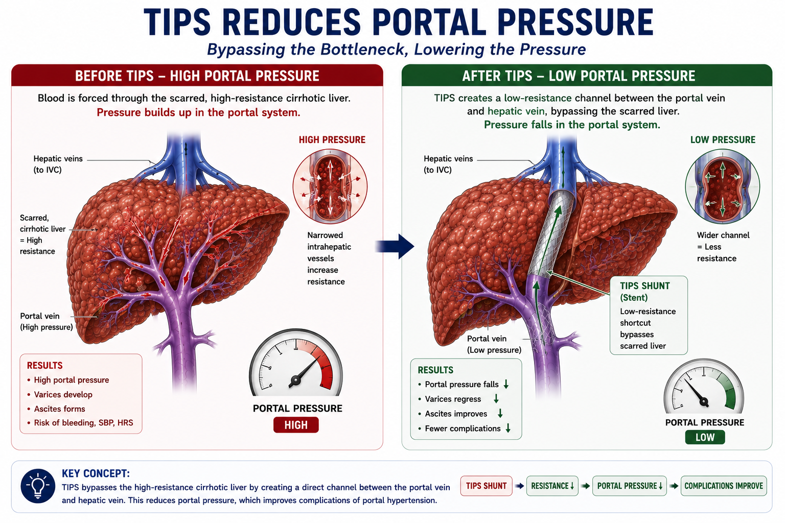 Before and after comparison diagram showing high portal pressure in cirrhosis before TIPS and significantly reduced portal pressure after TIPS stent placement with blood flowing through the low-resistance bypass channel