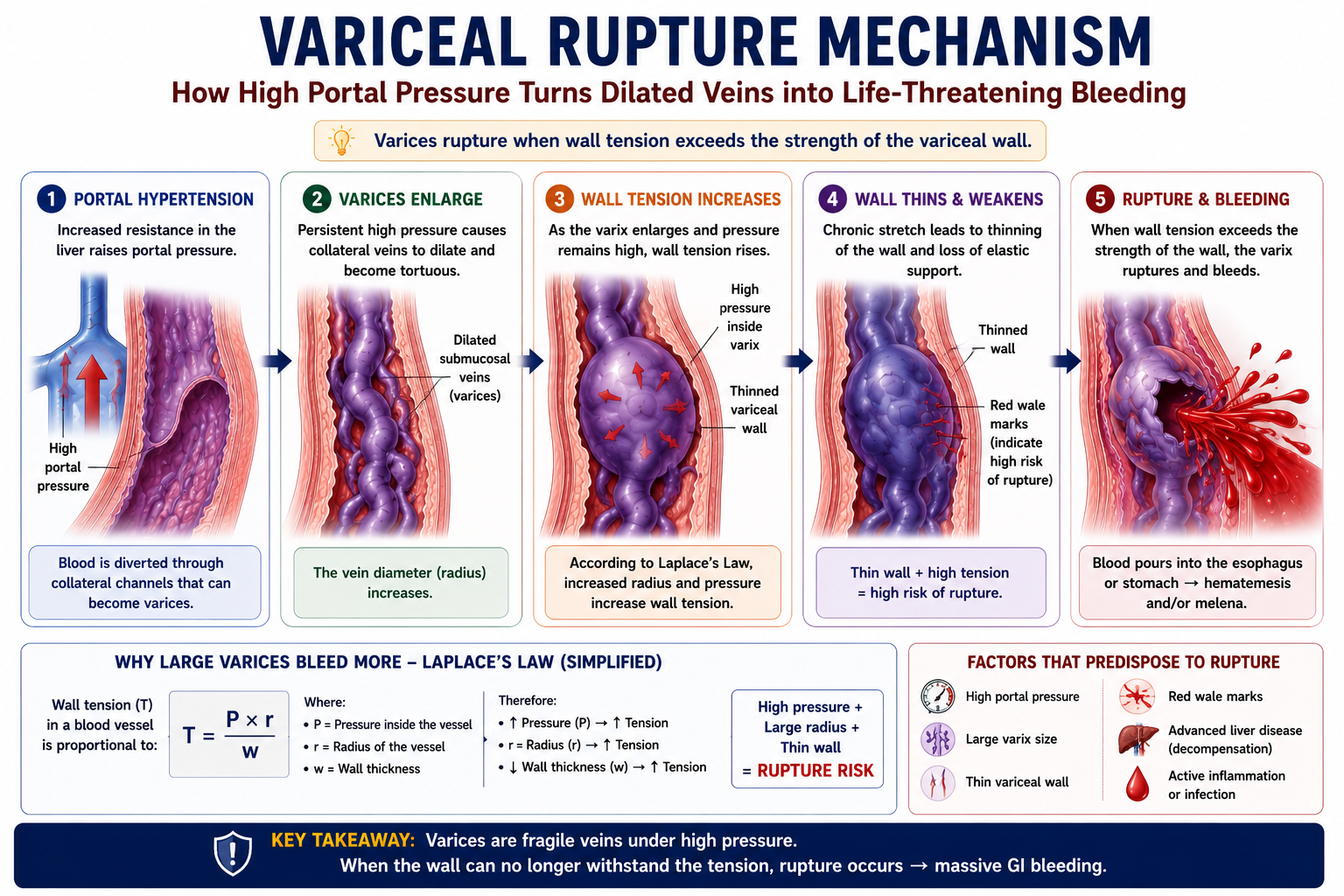 Diagram illustrating why varices rupture showing high portal pressure large variceal size thin wall and red wale marks as combined risk factors leading to rupture