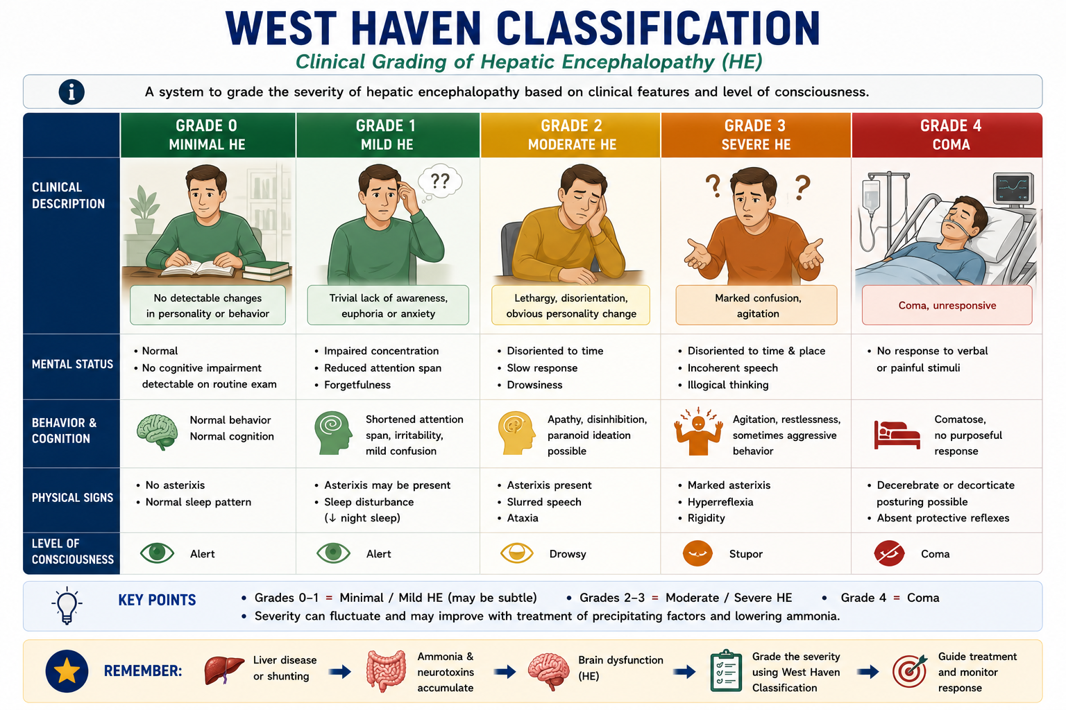 Visual grading chart showing the West Haven classification of hepatic encephalopathy from Grade 0 minimal covert HE through Grade 1 mild confusion Grade 2 lethargy and asterixis Grade 3 marked confusion to Grade 4 coma